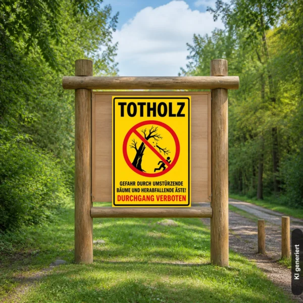 KI-generiertes Anwendungsbeispiel: Totholz-Schild mit Durchgang verboten an einem Waldweg, Warntext zu umstürzenden Bäumen und Ästen.