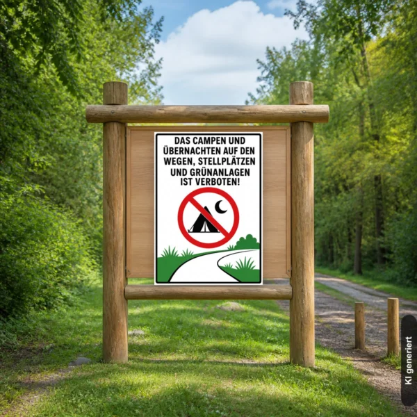 KI-generiertes Anwendungsbeispiel: Camping und Übernachten verboten Schild an einem Grünanlagen-Zugang mit deutlich sichtbarem Verbotshinweis.
