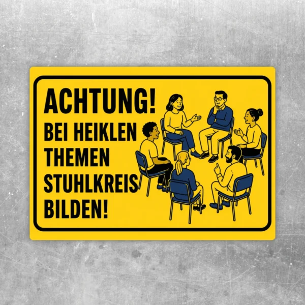 Gelber Stuhlkreis bilden Aufkleber mit schwarzer Warnschrift und Illustration einer Gesprächsrunde für Büro oder Seminarraum.