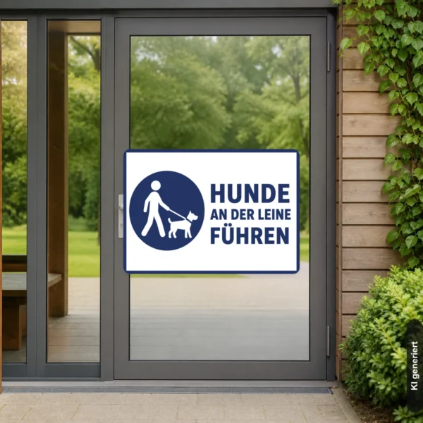 KI-generiertes Anwendungsbeispiel: Blau-weißer Hunde an der Leine führen Aufkleber mit Piktogramm für Tür oder Tor.