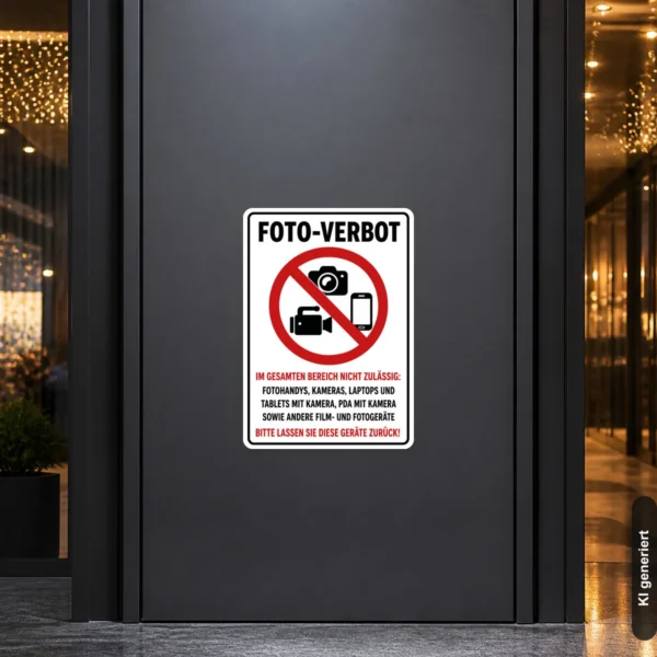 KI-generiertes Anwendungsbeispiel: Foto-Verbot Aufkleber an einer Glastür mit rotem Verbotszeichen für Kamera und Smartphone.