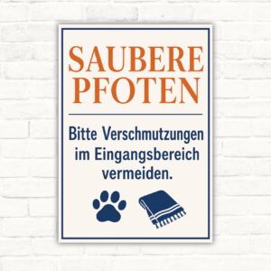 Saubere Pfoten Schild – Bitte Verschmutzungen im Eingangsbereich vermeiden mit gut lesbarem Motiv und klarer Beschriftung als bedrucktes Schild aus Aluminium-Verbundplatte.