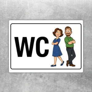 WC Aufkleber mit Figuren und großem WC-Schriftzug für Türen im Sanitärbereich.