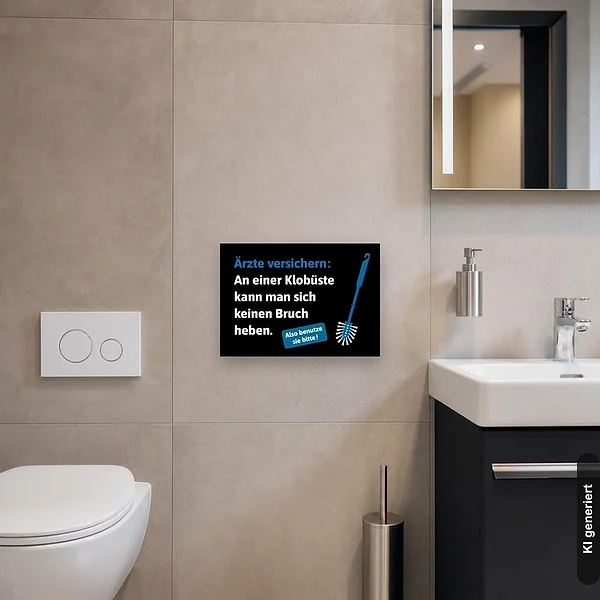 KI-generiertes Anwendungsbeispiel für Schild Toilette reinigen: Schild klein und realistisch am passenden Einsatzort dargestellt.
