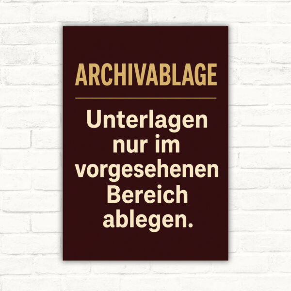 Archivablage Schild – Unterlagen nur im vorgesehenen Bereich ablegen mit gut lesbarem Motiv und klarer Beschriftung als bedrucktes Schild aus Aluminium-Verbundplatte.