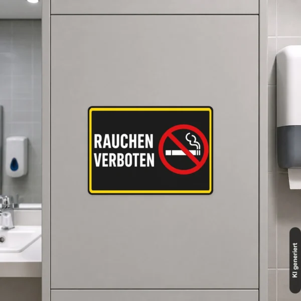 KI-generiertes Anwendungsbeispiel: Rauchen verboten Aufkleber im Querformat an einer Glastür im Eingangsbereich einer Praxis.