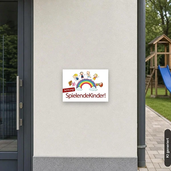 KI-generiertes Anwendungsbeispiel für Schild Achtung Spielende Kinder mit Kindern Regenbogen bunt: Schild klein und realistisch am passenden Einsatzort dargestellt.