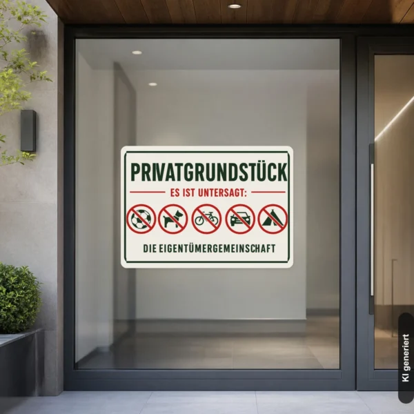 KI-generiertes Anwendungsbeispiel: Privatgrundstück Verbotsschild Aufkleber an einem Einfahrtstor mit klaren Verbotspiktogrammen in Grün und Rot.