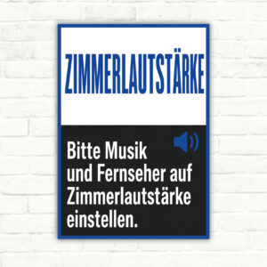 Zimmerlautstärke Schild mit TV und Lautsprecher sowie dem Hinweis, Musik und Fernseher auf Zimmerlautstärke einzustellen.