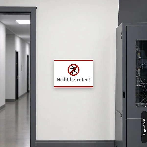KI-generiertes Anwendungsbeispiel für Schild Nicht betreten mit Piktogramm: Schild klein und realistisch am passenden Einsatzort dargestellt.