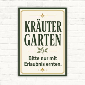 Kräutergarten Schild mit Text „Bitte nur mit Erlaubnis ernten“ als dekoratives Hinweisschild im Vintage-Stil.