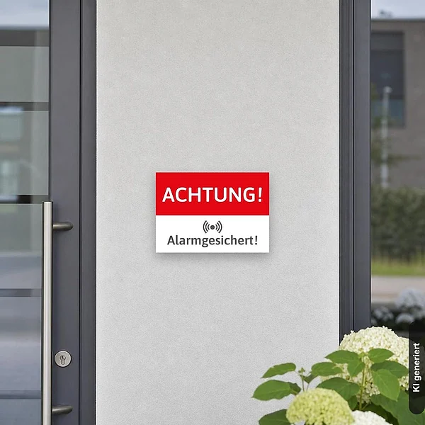 KI-generiertes Anwendungsbeispiel für Schild Achtung Alarmgesichert: Schild klein und realistisch am passenden Einsatzort dargestellt.