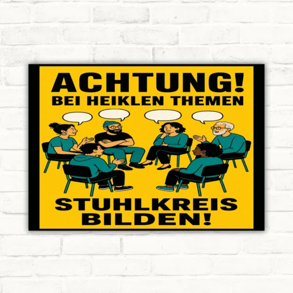 Schild mit der Aufschrift „Achtung! Bei heiklen Themen Stuhlkreis bilden!“ und gezeichneten Personen im Kreis.