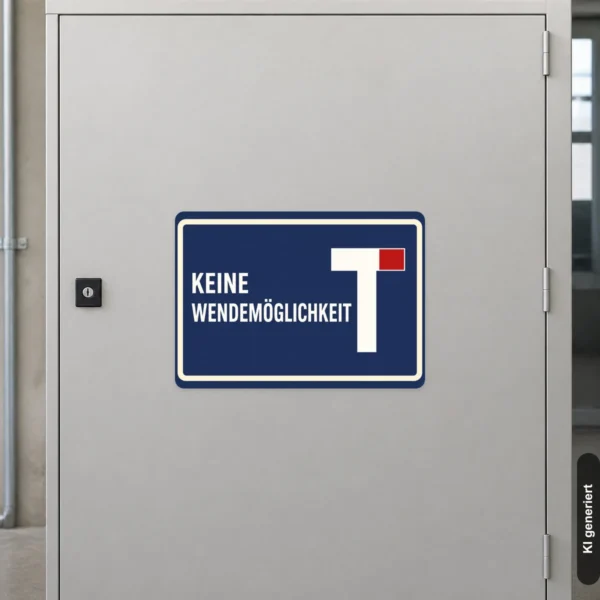 KI-generiertes Anwendungsbeispiel: Parkplatz Aufkleber Keine Wendemöglichkeit in Blau-Weiß-Rot an einer schmalen Hofeinfahrt.