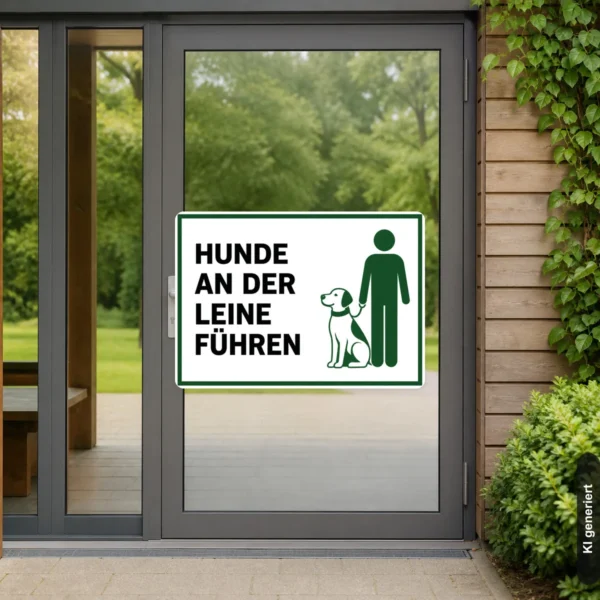 KI-generiertes Anwendungsbeispiel: Hunde an der Leine führen Aufkleber auf einer Glastür mit klarem Hinweistext und grünem Symbol.