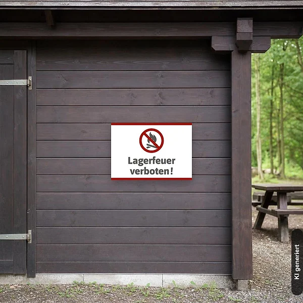 KI-generiertes Anwendungsbeispiel für Schild Lagerfeuer verboten: Schild klein und realistisch am passenden Einsatzort dargestellt.