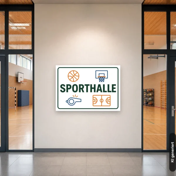 KI-generiertes Anwendungsbeispiel: Sporthallenschild mit Basketball-, Pfeifen- und Hallenmotiv für die deutliche Kennzeichnung eines Eingangs.