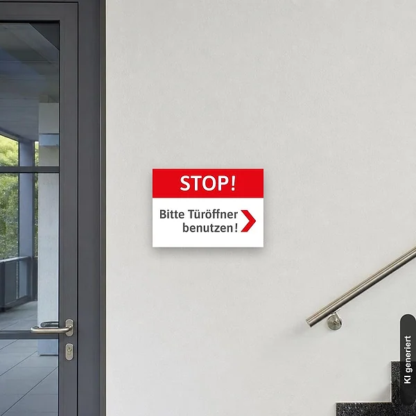 KI-generiertes Anwendungsbeispiel für Schild Stop - bitte Türöffner benutzen Pfeil rechts: Schild klein und realistisch am passenden Einsatzort dargestellt.