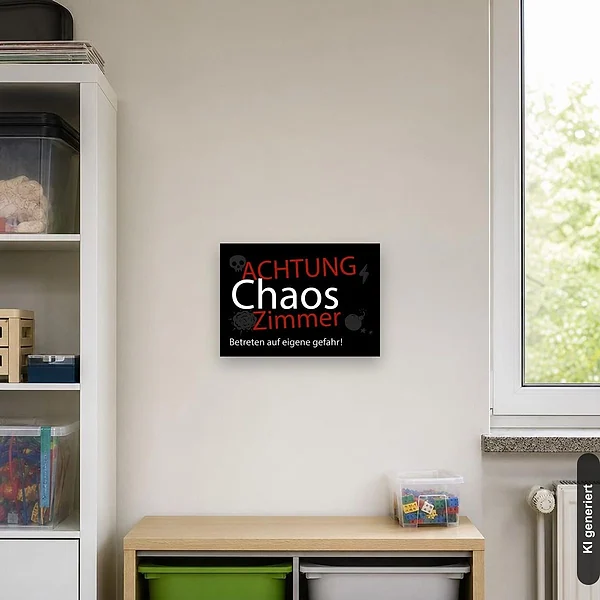 KI-generiertes Anwendungsbeispiel für Schild Achtung Chaos Zimmer Kinderzimmer: Schild klein und realistisch am passenden Einsatzort dargestellt.