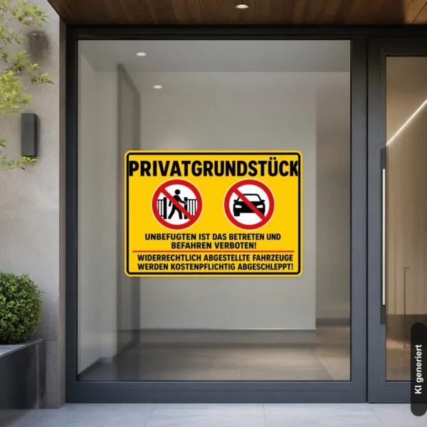 KI-generiertes Anwendungsbeispiel: Privatgrundstück Abschlepphinweis Aufkleber an einer Zufahrt mit gut sichtbarer Warnwirkung.