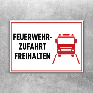 Feuerwehrzufahrt freihalten Aufkleber mit rotem Feuerwehrauto und klarer Warnbotschaft in Weiß, Rot und Schwarz.