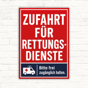Zufahrt für Rettungsdienste frei zugänglich halten Schild mit gut lesbarem Motiv und klarer Beschriftung als bedrucktes Schild aus Aluminium-Verbundplatte.