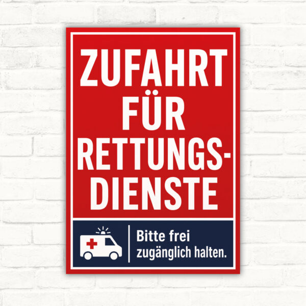 Zufahrt für Rettungsdienste frei zugänglich halten Schild mit gut lesbarem Motiv und klarer Beschriftung als bedrucktes Schild aus Aluminium-Verbundplatte.