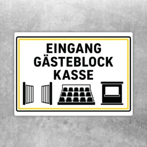 Querformatiger Aufkleber mit der Aufschrift Eingang Gästeblock Kasse in Schwarz und Gelb für klare Besucherführung.