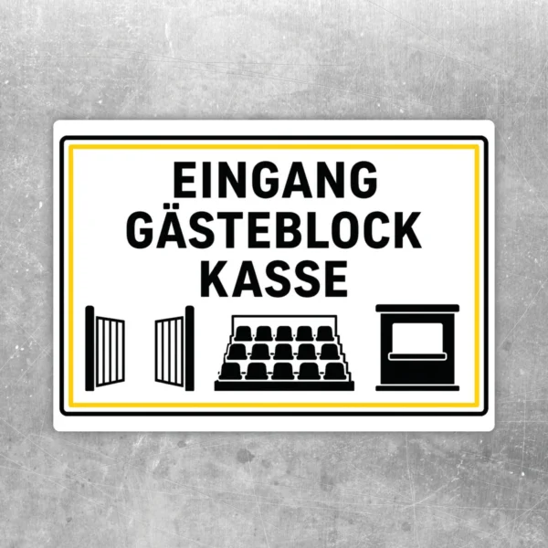 Querformatiger Aufkleber mit der Aufschrift Eingang Gästeblock Kasse in Schwarz und Gelb für klare Besucherführung.