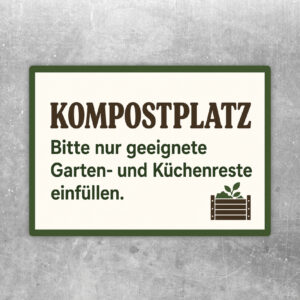 Kompostplatz Aufkleber im Querformat mit Pflanzen, Kompostkiste und Hinweis für geeignete Garten- und Küchenreste.