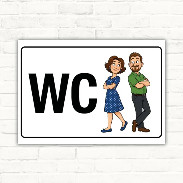 WC Schild mit Frau und Mann als Figurmotiv, schwarzem WC-Schriftzug und weißem Hintergrund als Hinweisschild.