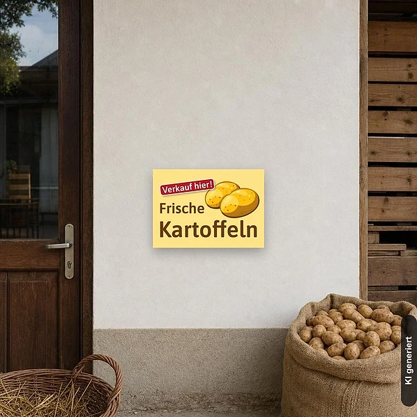 KI-generiertes Anwendungsbeispiel für Schild Kartoffeln Verkauf Verkschaufsschild: Schild klein und realistisch am passenden Einsatzort dargestellt.