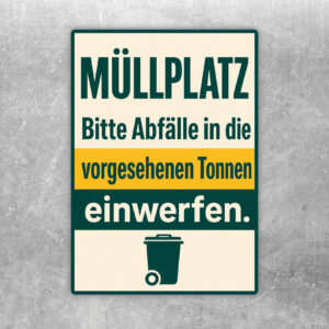 Müllplatz Aufkleber mit Tonnenmotiv und Hinweis Bitte Abfälle in die vorgesehenen Tonnen einwerfen in Creme und Türkis.