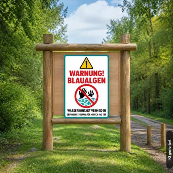 KI-generiertes Anwendungsbeispiel: Warnung Blaualgen Schild im Hochformat an einer Uferabsperrung mit klarer Wasserwarnung.