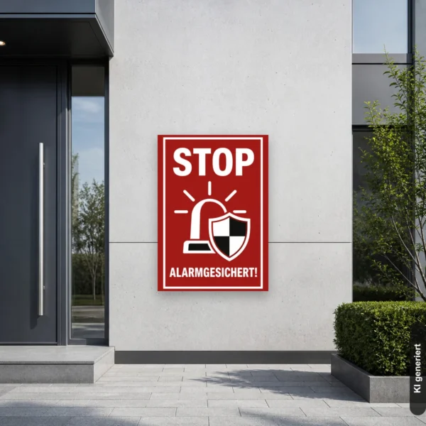 KI-generiertes Anwendungsbeispiel: Rotes STOP Alarmgesichert Schild an einem Eingangstor, um einen gesicherten Bereich sichtbar zu kennzeichnen.