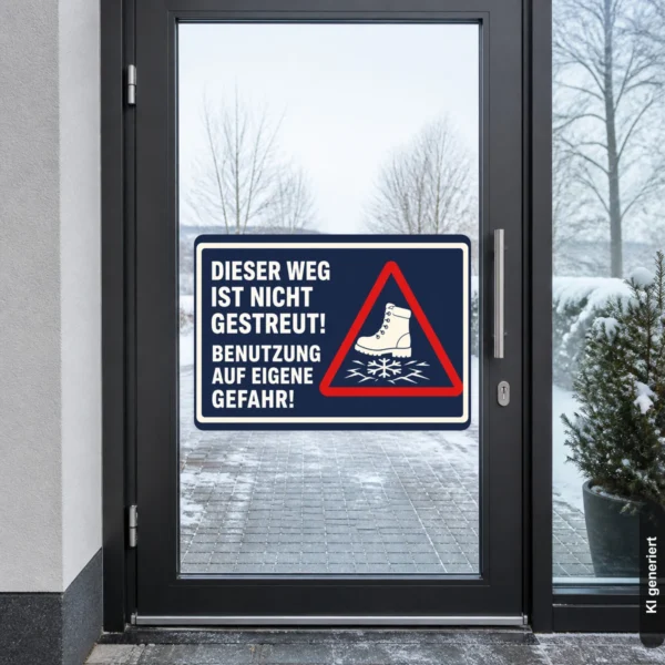 KI-generiertes Anwendungsbeispiel: Warnaufkleber an einem Hauseingang mit Hinweis auf einen nicht gestreuten Weg und Rutschgefahr.