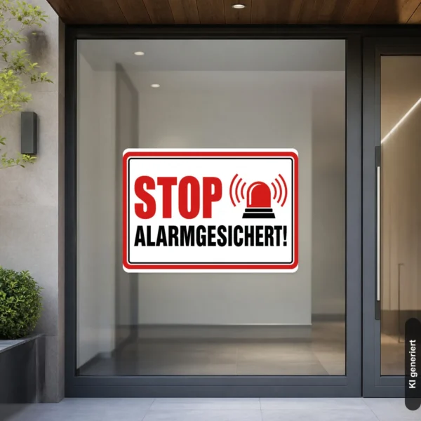 KI-generiertes Anwendungsbeispiel: Warnaufkleber STOP alarmgesichert auf einer Tür zur klaren Kennzeichnung eines überwachten Bereichs.