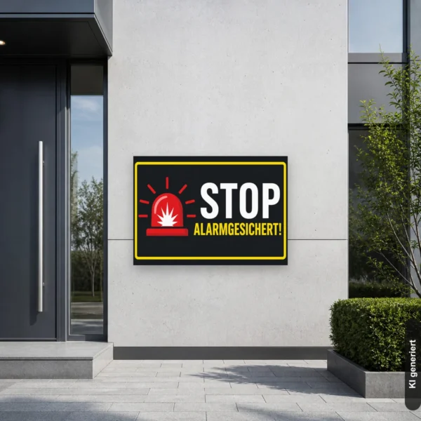 KI-generiertes Anwendungsbeispiel: Stop Alarmgesichert Schild mit Sirenenmotiv und Warntext am gesicherten Eingang als Querformat.