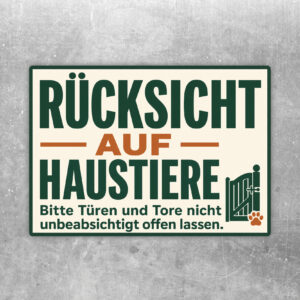 Aufkleber Rücksicht auf Haustiere mit Hund, Katze, Haustür und Gartentor als Hinweis zum Schließen von Türen und Toren.
