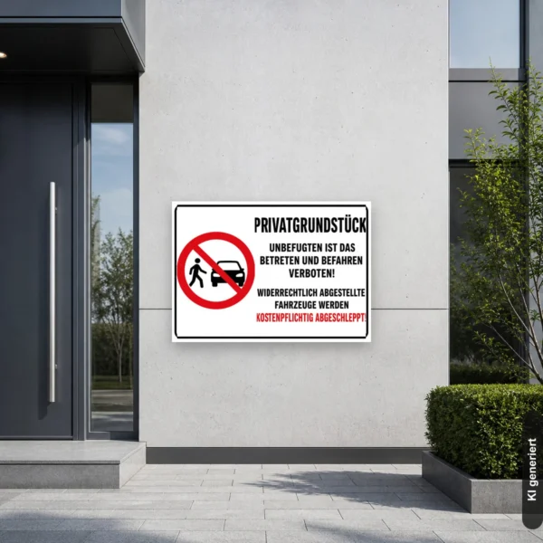 KI-generiertes Anwendungsbeispiel: Abschlepphinweis für Privatgrundstück als Schild an einer Zufahrt mit dem Hinweis auf kostenpflichtiges Abschleppen.