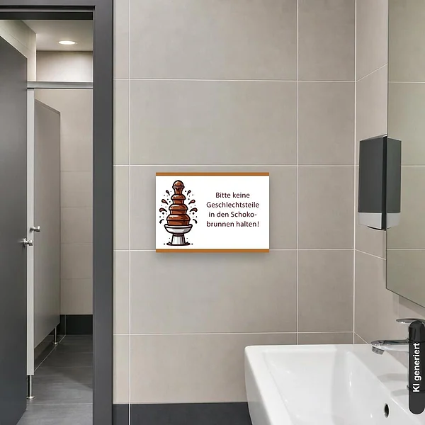 KI-generiertes Anwendungsbeispiel für Schild Bitte keine Geschlechtsteile in den Schokobrunnen halten: Schild klein und realistisch am passenden Einsatzort dargestellt.