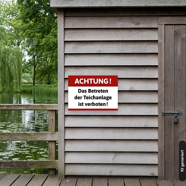 KI-generiertes Anwendungsbeispiel für Betreten der Teichanlage verboten Schild: Schild klein und realistisch am passenden Einsatzort dargestellt.