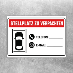 Aufkleber mit der Aufschrift Stellplatz zu verpachten und Kontaktfeld für Telefon und E-Mail im Querformat.