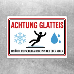 Achtung Glatteis Warnschild Aufkleber mit rotem Warntext, Schneeflocke, Rutschsymbol und blauem Tropfen auf weißem Hintergrund.