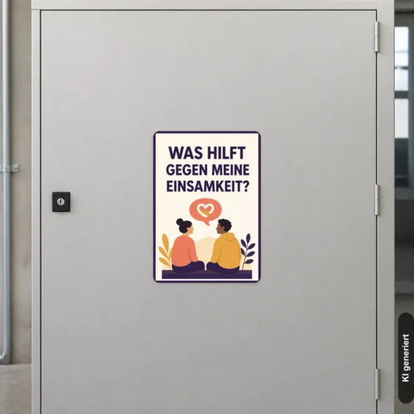 KI-generiertes Anwendungsbeispiel: Aufkleber gegen Einsamkeit im Hochformat mit warmem Spruchmotiv, Figuren und Herzsymbol.
