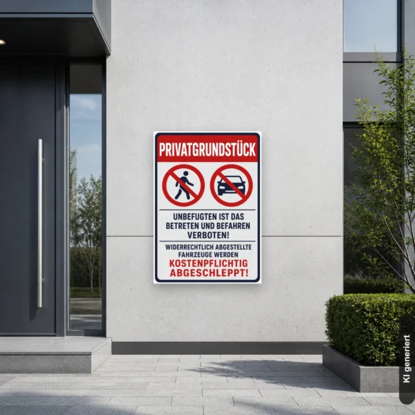 KI-generiertes Anwendungsbeispiel: Abschlepphinweis-Schild Privatgrundstück – Betreten und Befahren verboten am passenden Einsatzort mit gut sichtbarem Motiv und klarer Beschriftung.