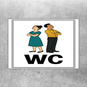 WC Aufkleber mit Symbolen für Damen und Herren, großem WC-Schriftzug und klarer Türkennzeichnung in Schwarz, Türkis und Gelb.