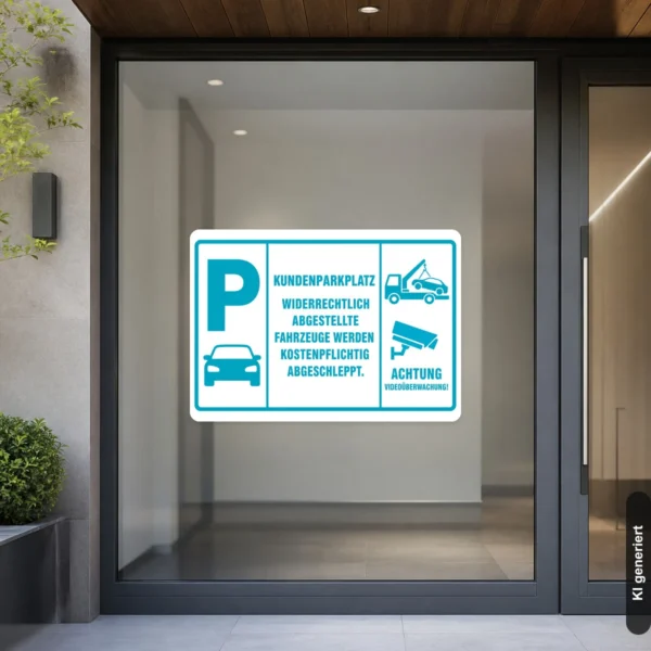 KI-generiertes Anwendungsbeispiel: Kundenparkplatz Aufkleber mit Kamera- und Abschleppsymbol an einer Parkzufahrt in Türkis-Weiß.