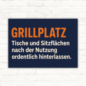 Grillplatz Schild mit Text „Tische und Sitzflächen nach der Nutzung ordentlich hinterlassen“ im Vintage-Querformat.