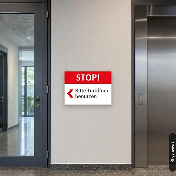 KI-generiertes Anwendungsbeispiel für Schild Stop - bitte Türöffner benutzen Pfeil links: Schild klein und realistisch am passenden Einsatzort dargestellt.